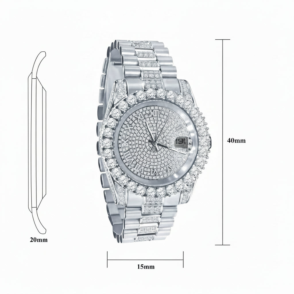 Silver watch with detailed specifications on a white background