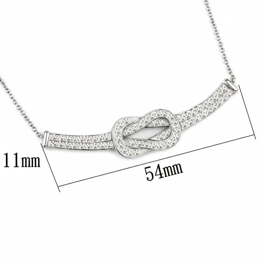 Silver necklace with a circular pendant and measurements on a white background