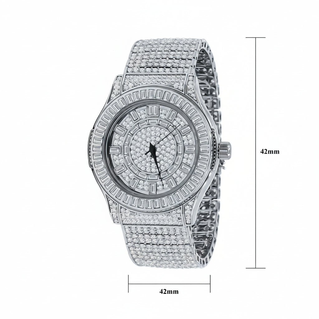 Silver watch with detailed specifications on a white background