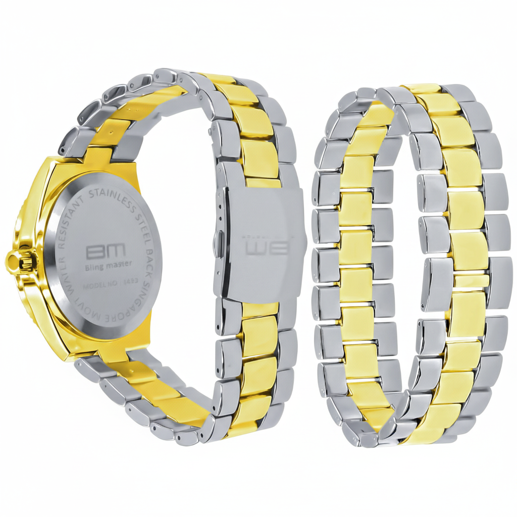 The Grandeur Protuberant Set - Two-Tone Gold Iced-Out Lab Diamond Watch & Bracelet