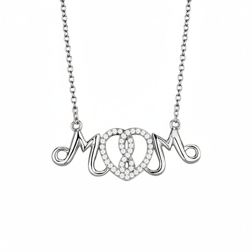 Silver 'MOM' necklace with measurements on a white background