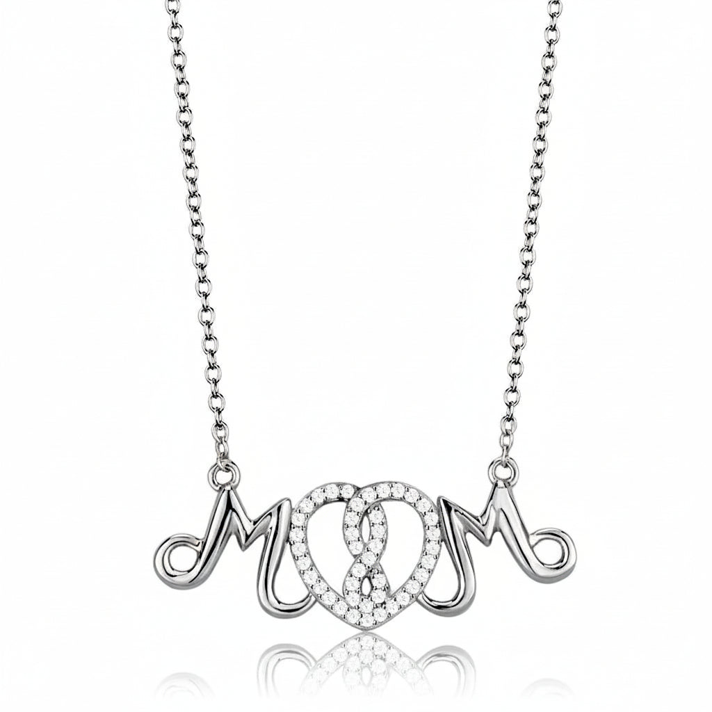 Silver necklace with 'MOM' pendant on a white background