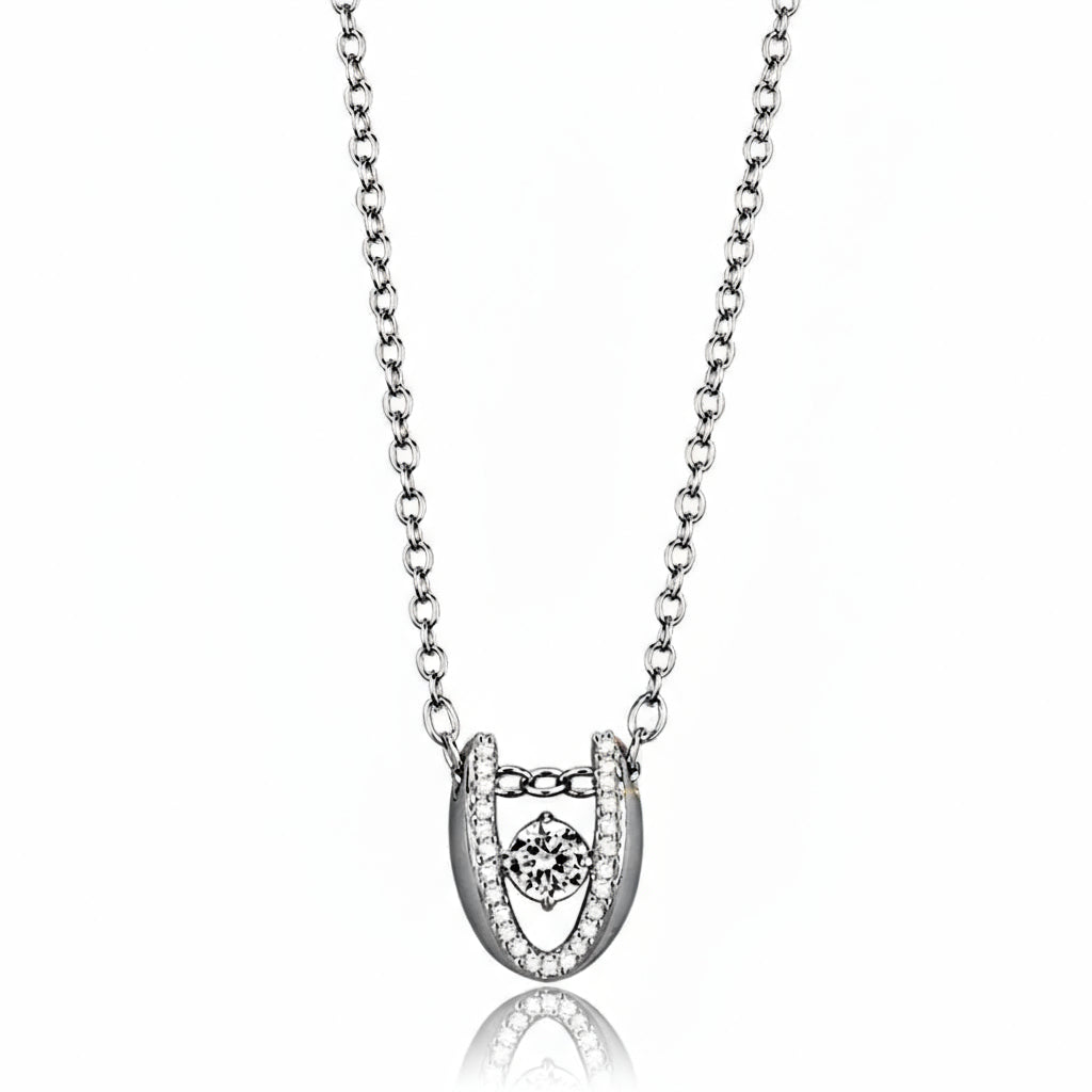 Silver horseshoe pendant necklace on a white background