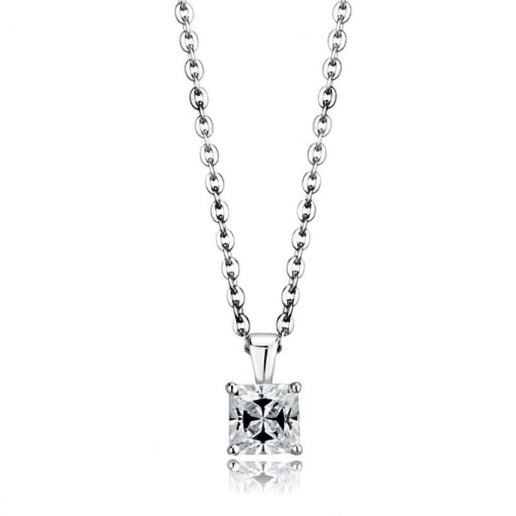 Silver necklace with a square-cut diamond pendant on a white background