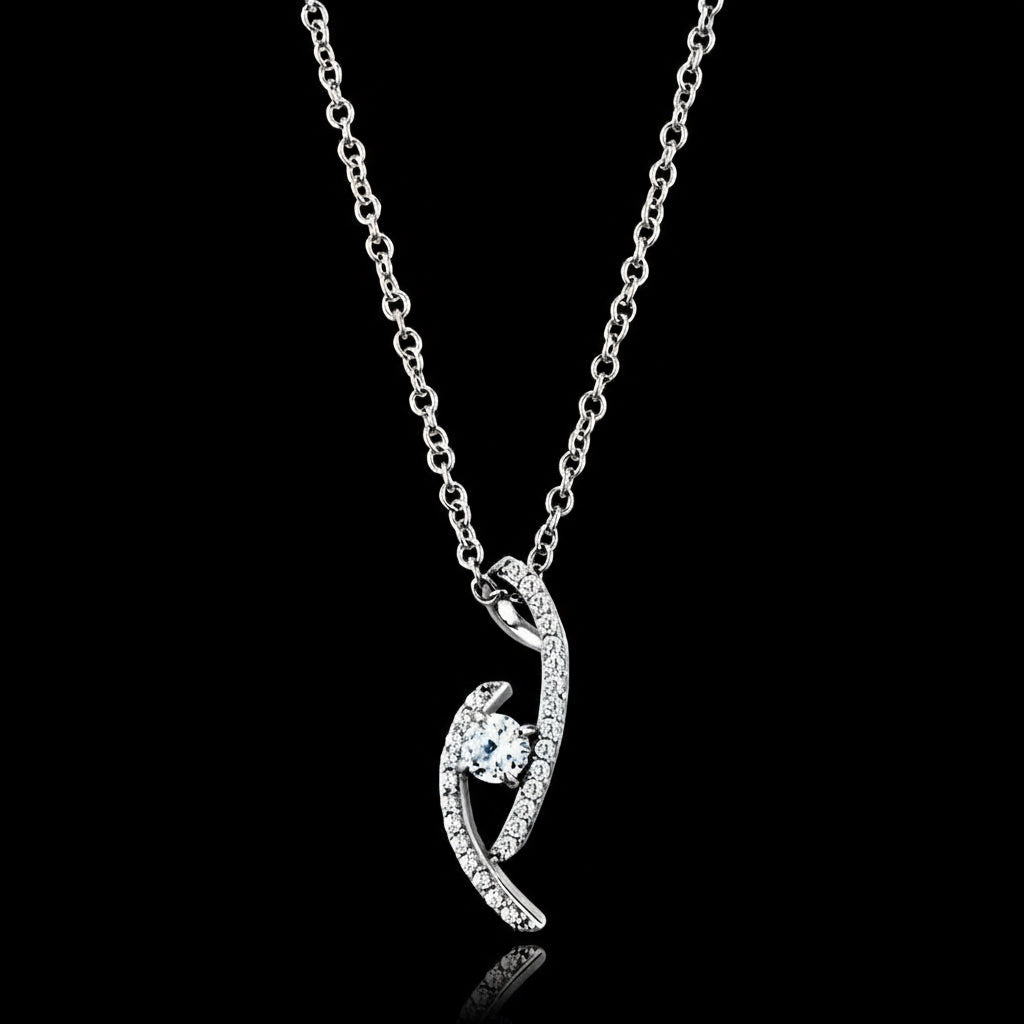 Silver necklace with a heart-shaped pendant on a black background
