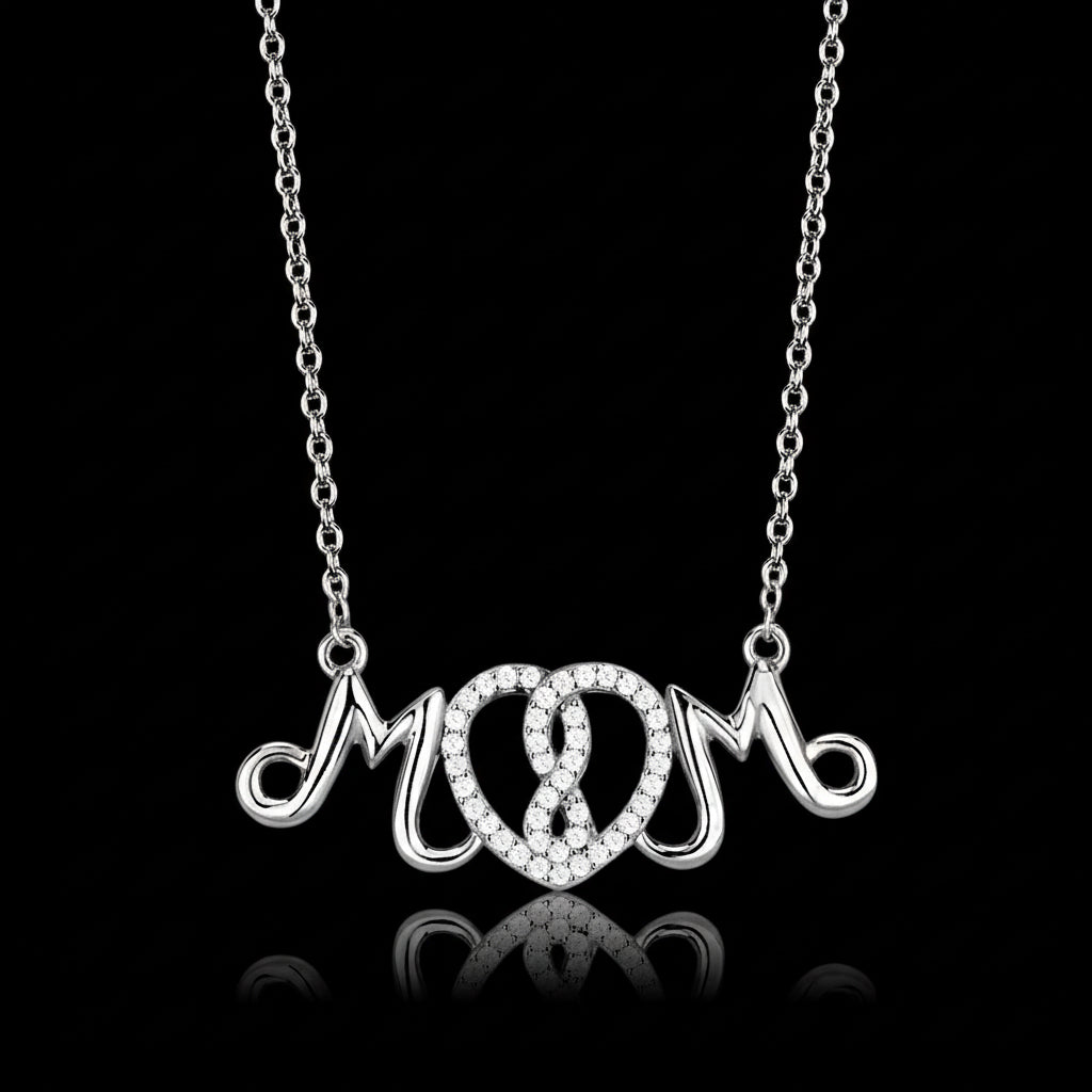 Silver necklace with 'MOM' pendant on a black background