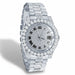 Luxury silver watch with diamond-studded face and band on a white background