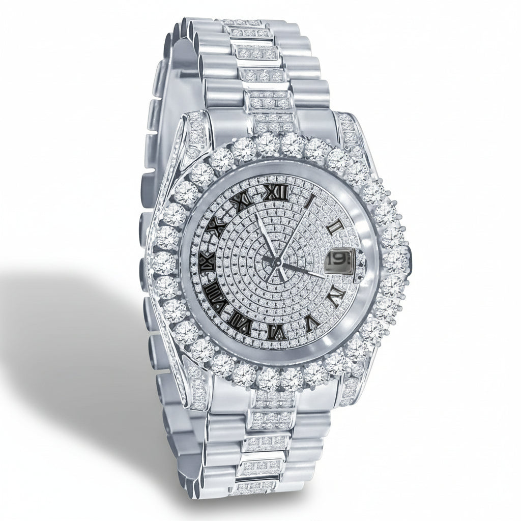 Luxury silver watch with diamond-studded face and band on a white background
