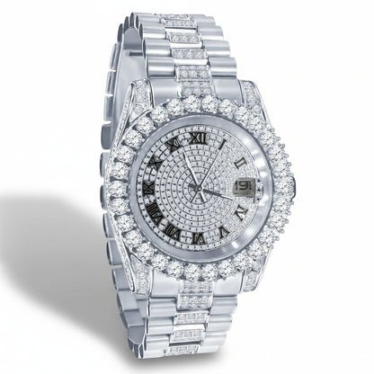 Luxury silver watch with diamond-studded face and band on a white background