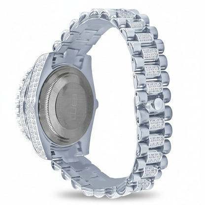 Silver watch with a diamond-studded band on a white background