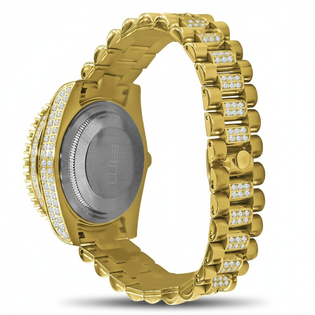 Gold watch with diamond-studded band on a white background