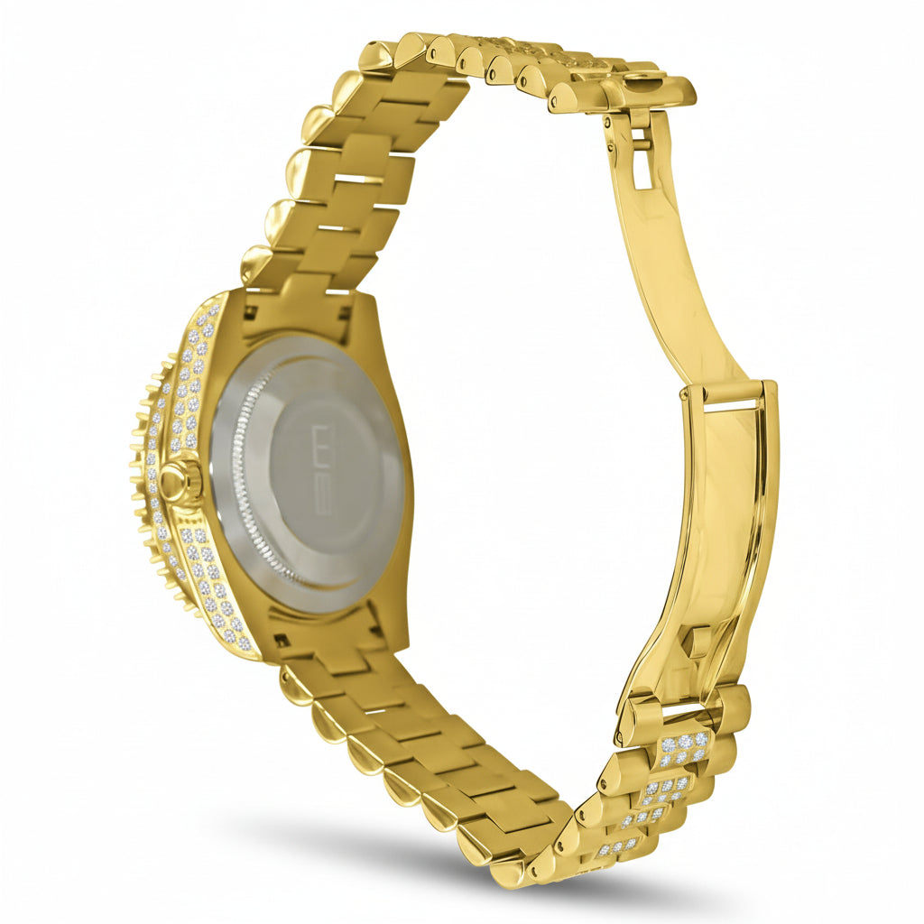 Gold watch with diamond-studded bezel on a white background