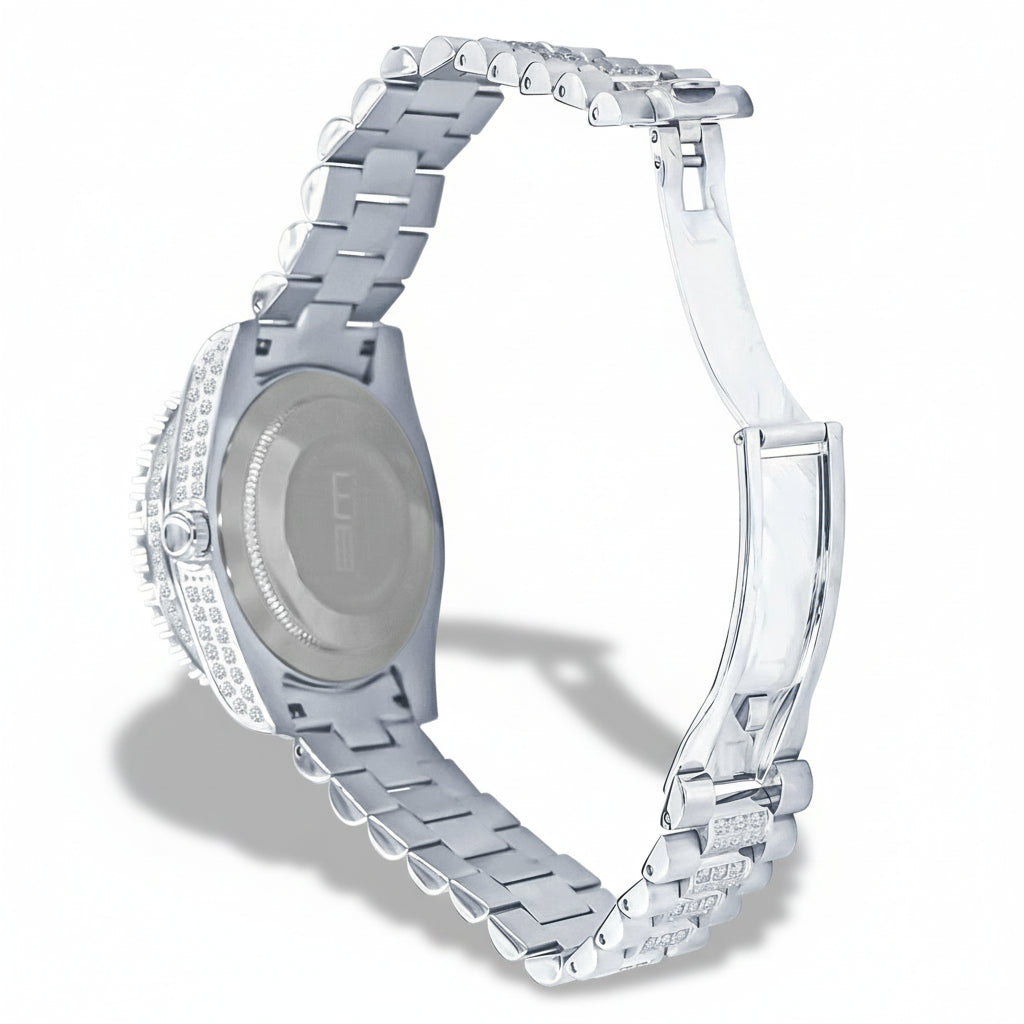 Silver watch with a detailed band on a white background