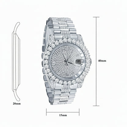 Silver watch with detailed specifications on a white background
