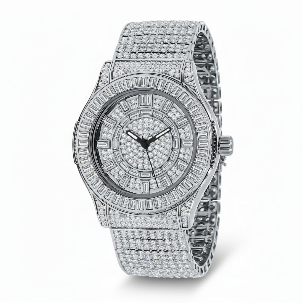 Silver watch with diamond-studded band on a white background