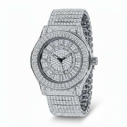 Silver watch with diamond-studded band on a white background