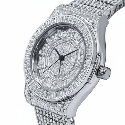 Luxury diamond-encrusted watch on a white background