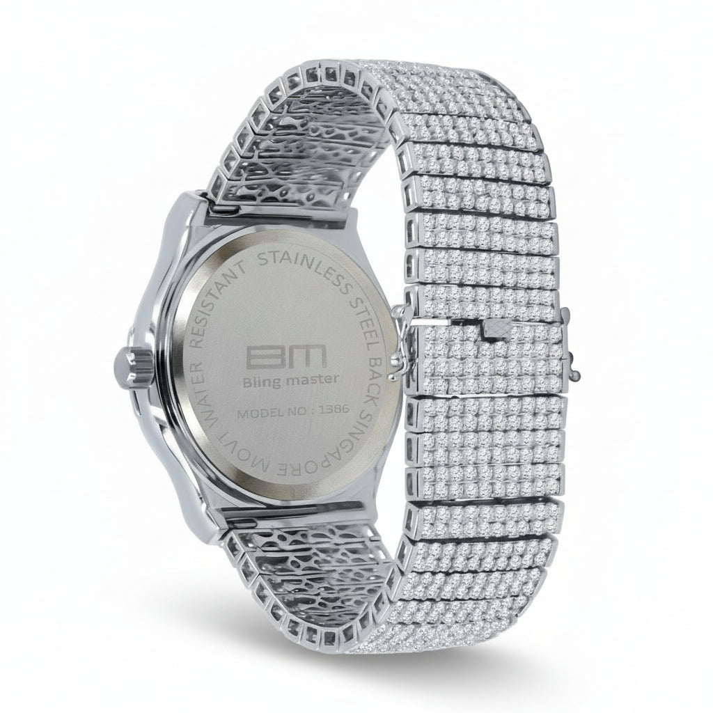 Silver watch with a detailed band on a white background