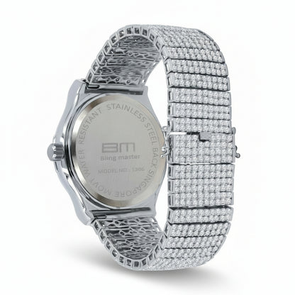 Silver watch with a detailed band on a white background