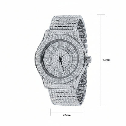 Silver watch with detailed specifications on a white background
