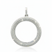 Silver circular pendant with multiple rows of diamonds on a white background