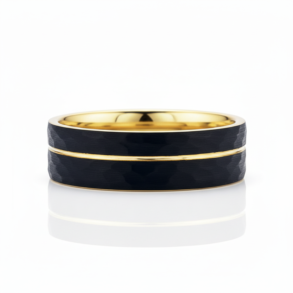 Black & 18K Yellow Gold PVD Tungsten 8 mm Grooved Band With Hammer Finish