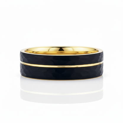 Black & 18K Yellow Gold PVD Tungsten 8 mm Grooved Band With Hammer Finish