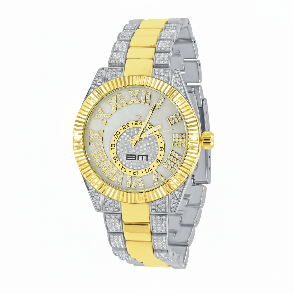 The Grandeur Protuberant Set - Two-Tone Gold Iced-Out Lab Diamond Watch & Bracelet