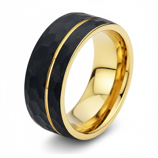Black & 18K Yellow Gold PVD Tungsten 8 mm Grooved Band With Hammer Finish