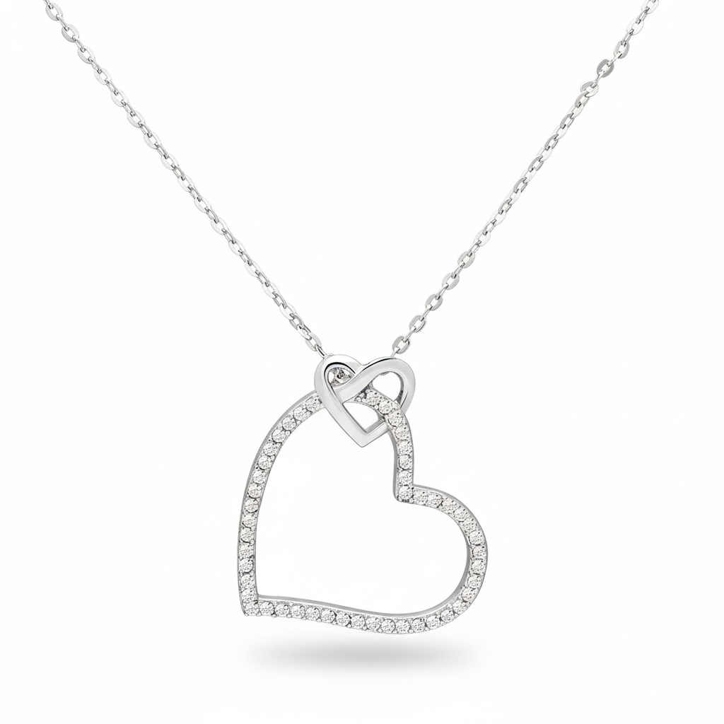 Platinum-Plated Sterling Silver Double Heart Necklace with Certified Lab Diamonds