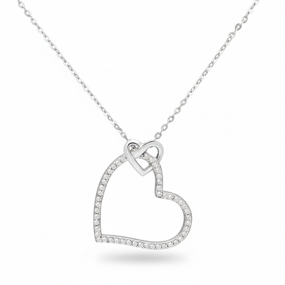 Platinum-Plated Sterling Silver Double Heart Necklace with Certified Lab Diamonds