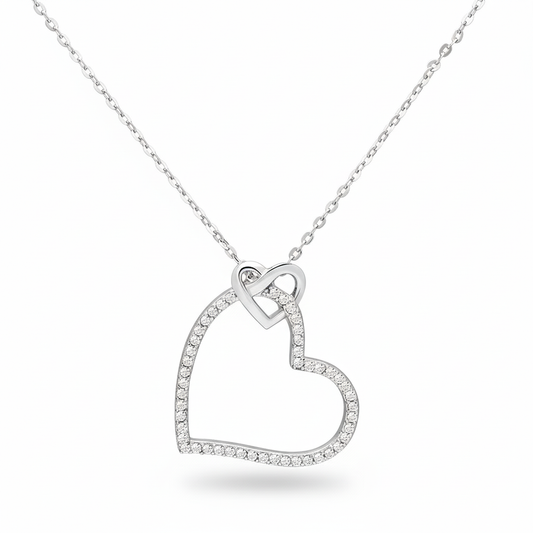 Platinum-Plated Sterling Silver Double Heart Necklace with Certified Lab Diamonds
