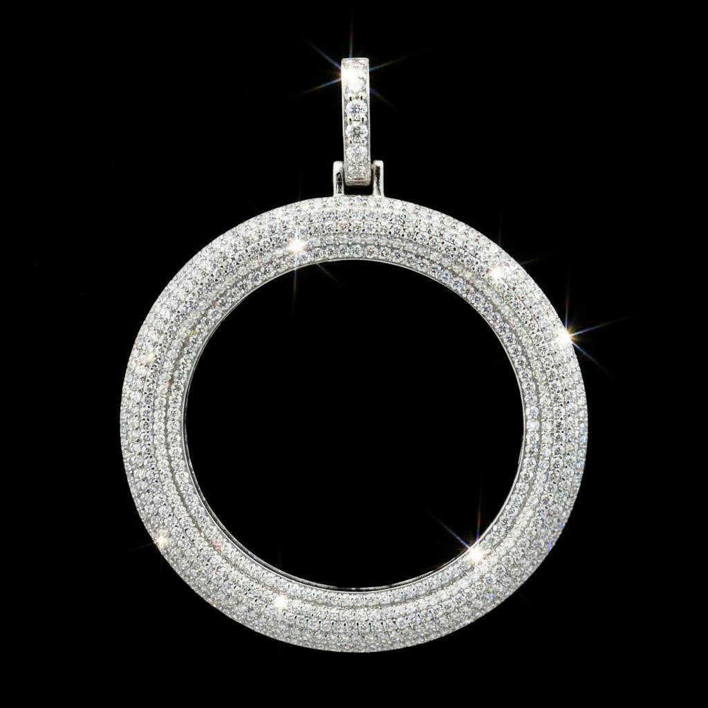 Diamond-encrusted circular pendant on a black background