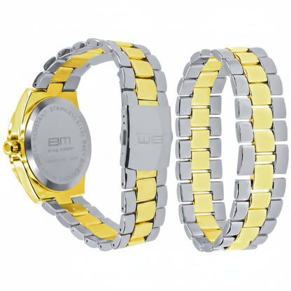 The Grandeur Protuberant Set - Two-Tone Gold Iced-Out Lab Diamond Watch & Bracelet