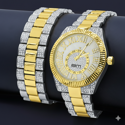 The Grandeur Protuberant Set - Two-Tone Gold Iced-Out Lab Diamond Watch & Bracelet