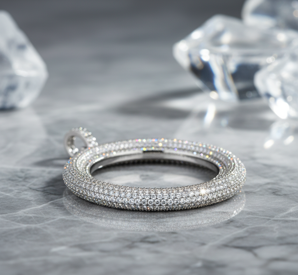 Silver bracelet with clear stones on a marble surface