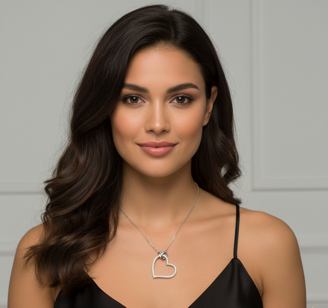 Woman wearing a silver heart-shaped necklace against a neutral background
