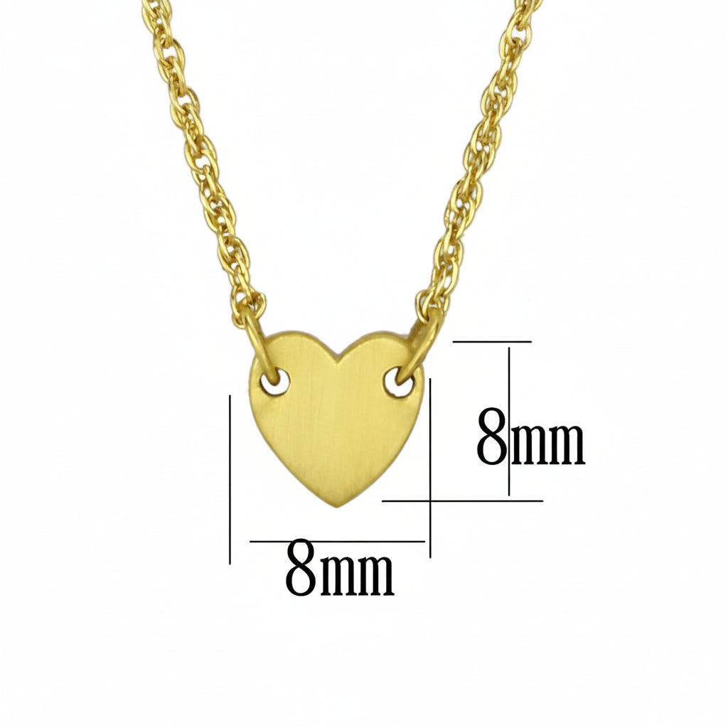 Gold heart-shaped pendant on a chain with measurements indicated.
