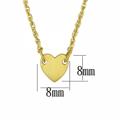 Gold heart-shaped pendant on a chain with measurements indicated.