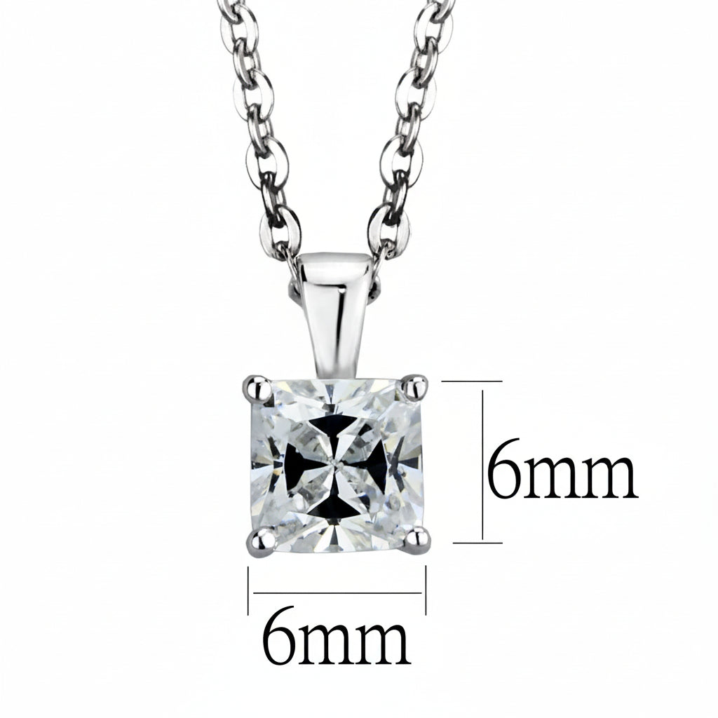 Silver necklace with a square-cut gemstone and measurements on a white background