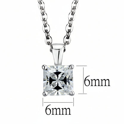Silver necklace with a square-cut gemstone and measurements on a white background