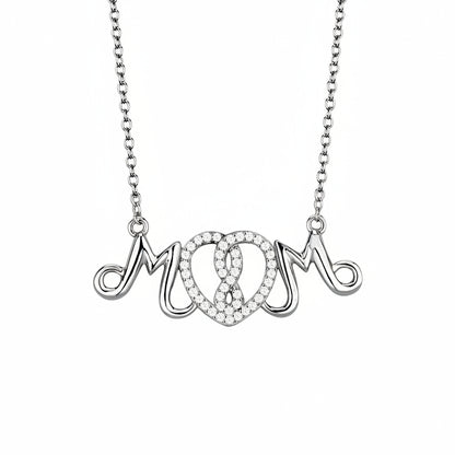 Silver 'MOM' necklace with measurements on a white background