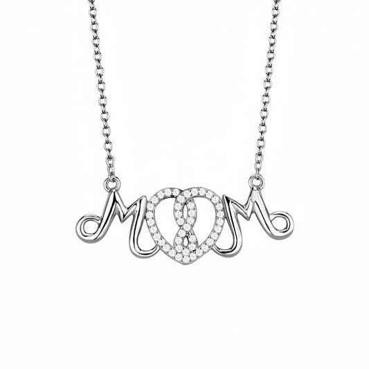 Silver 'MOM' necklace with measurements on a white background
