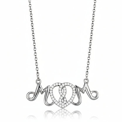 Silver necklace with 'MOM' pendant on a white background