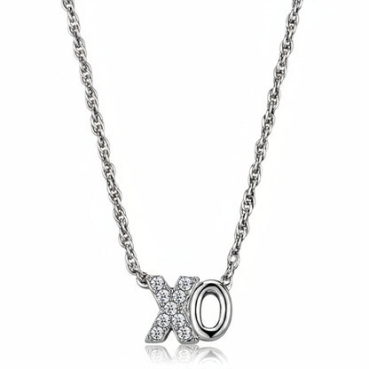 Silver necklace with 'X' and 'O' pendant on a white background