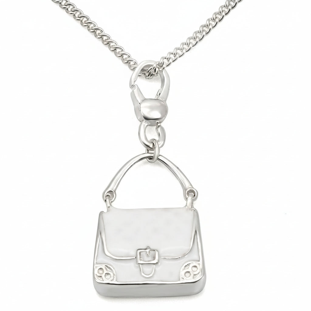 Silver handbag pendant on a chain against a white background