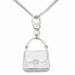 Silver handbag pendant on a chain against a white background