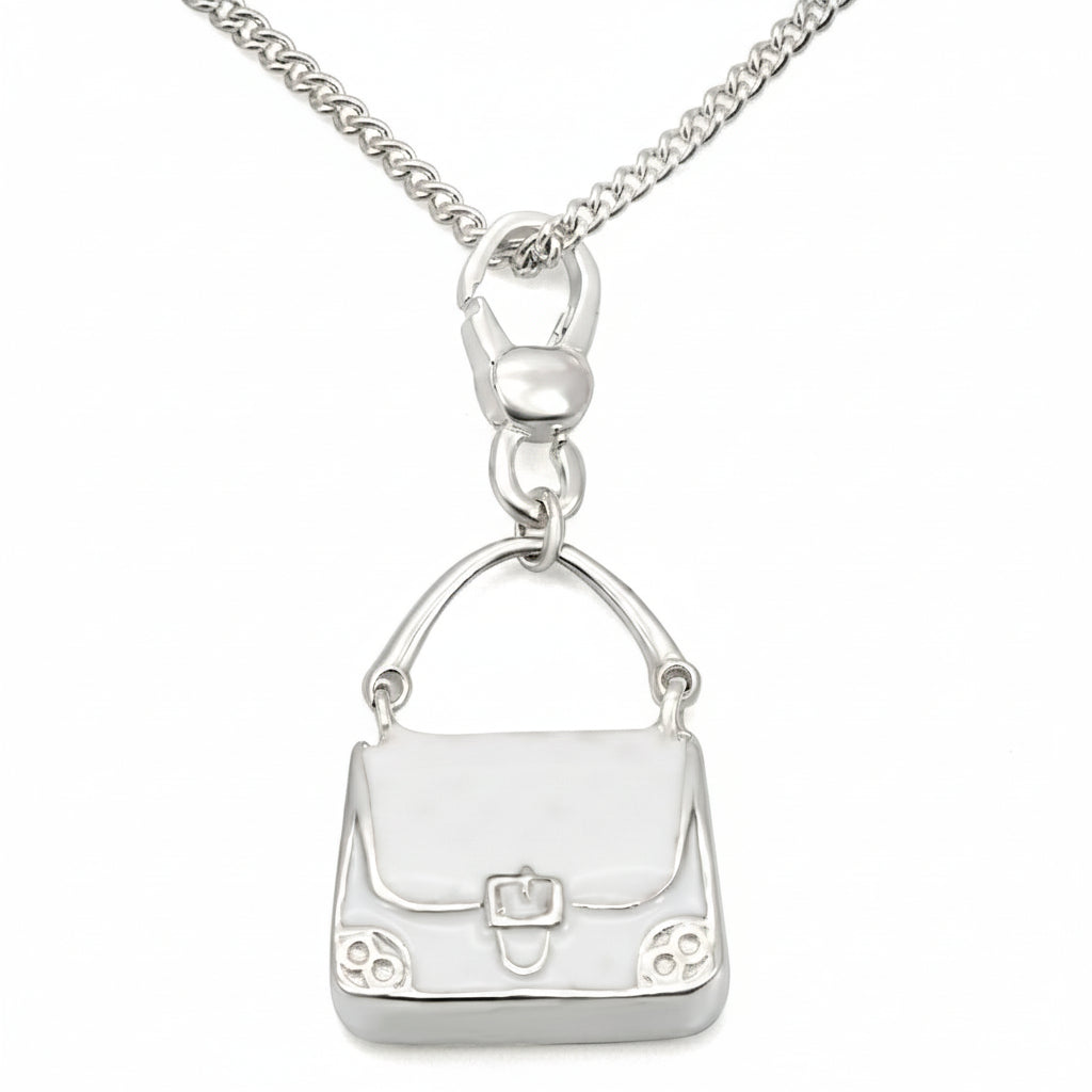 Silver handbag pendant on a chain against a white background