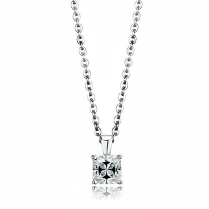 Silver necklace with a square-cut diamond pendant on a white background