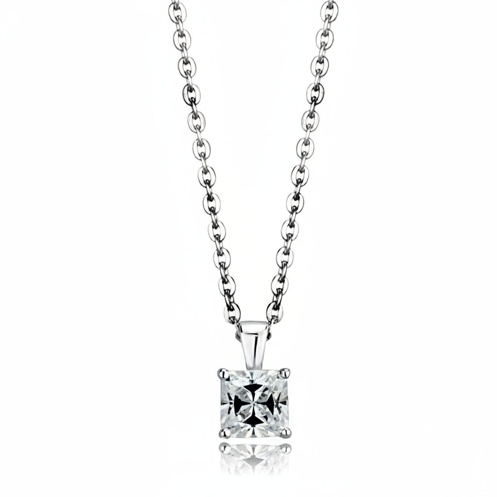 Silver necklace with a diamond pendant on a white background